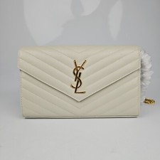 SAINT LAURENT Cassandre Classic 1690 Blanc Vintage Leather Chain Wallet New