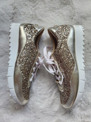Sneakers nuove con etichette Jimmy Choo Monza in pelle metallizzata glitterata taglia 38 oro - Foto 3 di 13