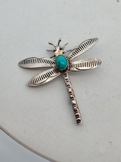 Vintage Sterling Silver Turquoise & Chased Dragonfly Pin