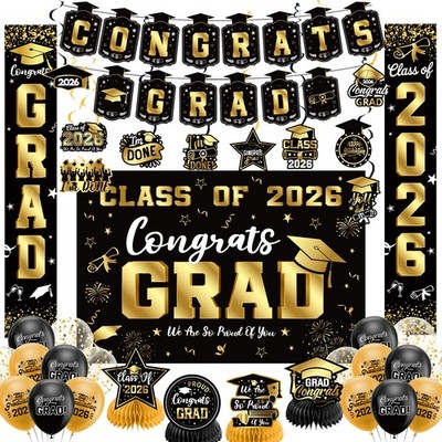 Graduation Decorations 2026 Set Black Gold, Congrats Grad Decor Set with Bann...