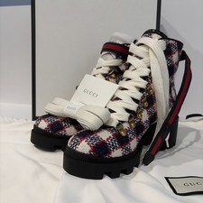 GUCCI Vintage Tweed Check Lace Up Combat Ankle Boots White Hibiscus Red Marine