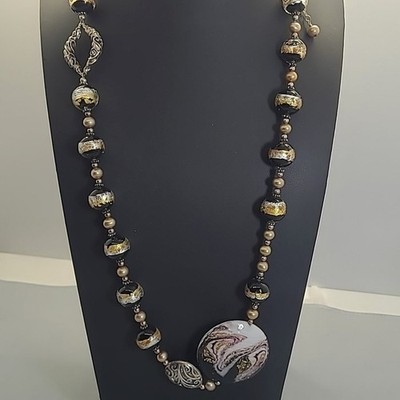 Lucy Clara Necklace Woman Gold Silver Foil Black Glass Bead Statement Filigree