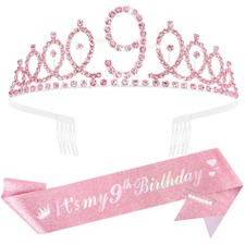 9th Pink Decorations for Her Sash and Tiara Crown 9 Year Old Gifts Happy 9 He...