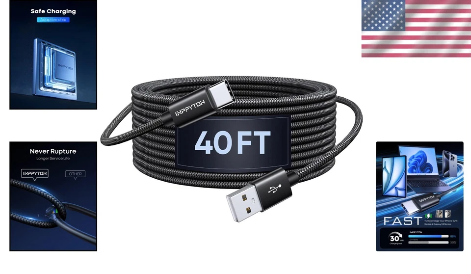 Long 40 Foot USB Type C Cable - Smart Chip Technology - Image 2 of 4