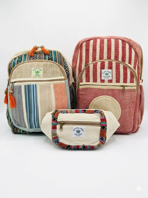 3er SET Hanfrucksack - 45 und 35 cm + Bauchtasche Natur Boho Hippie Handmade Neu