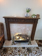Antique Vintage Wooden Fireplace Surround Carved Wood Angel and Horse Detail