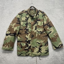 Vintage M65 Field Jacket Mens Medium Long Woodland Camo Hooded US Army 80s