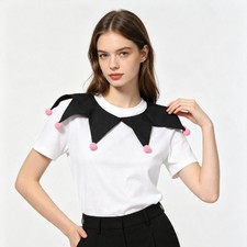 Detachable Jester Collar Black Clown Neck Ruff Pink Pom Pom Trim for Halloween