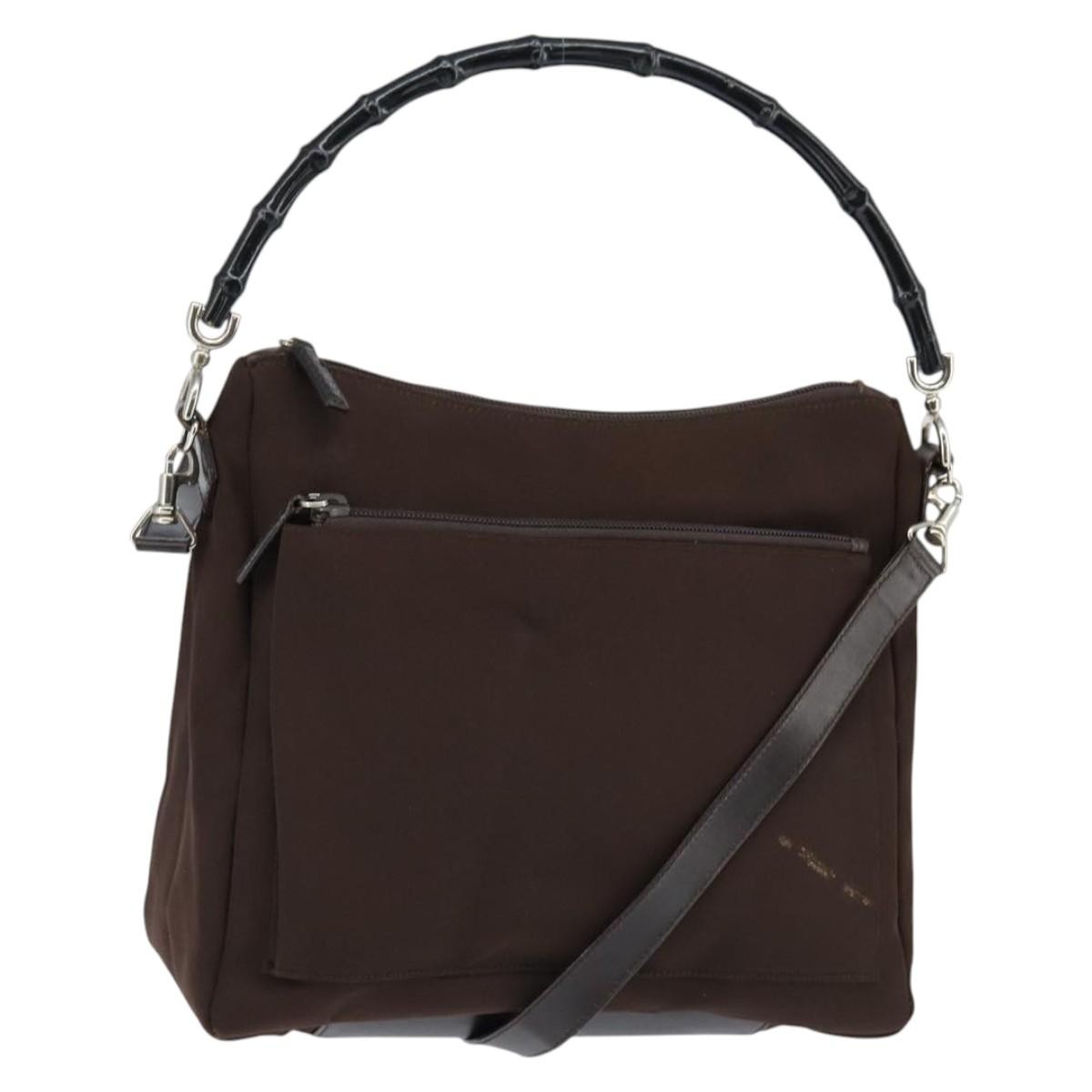 Gucci Vintage Bamboo Handle Bag Nylon Brown Nylon Handbag (Pre-Owned)