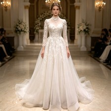 Popular Lace Wedding Dresses High Neck Long Sleeves A-Line Appliques Bridal Gown