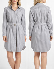 Calvin Klein Shirt Dress Womens Sz 10 Gray White Stripe Belted Button Front Midi