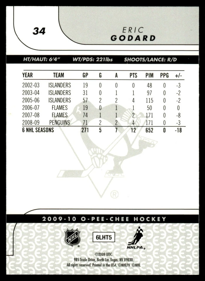 2009-10 O-Pee-Chee RAINBOW FOIL Eric Godard Pittsburgh Penguins #34 - Image 2 of 2