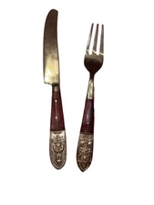 Vintage Siam Flatware Asian Thai Bronze Brass Wood Fork & Knife VTG RUSTIC Art