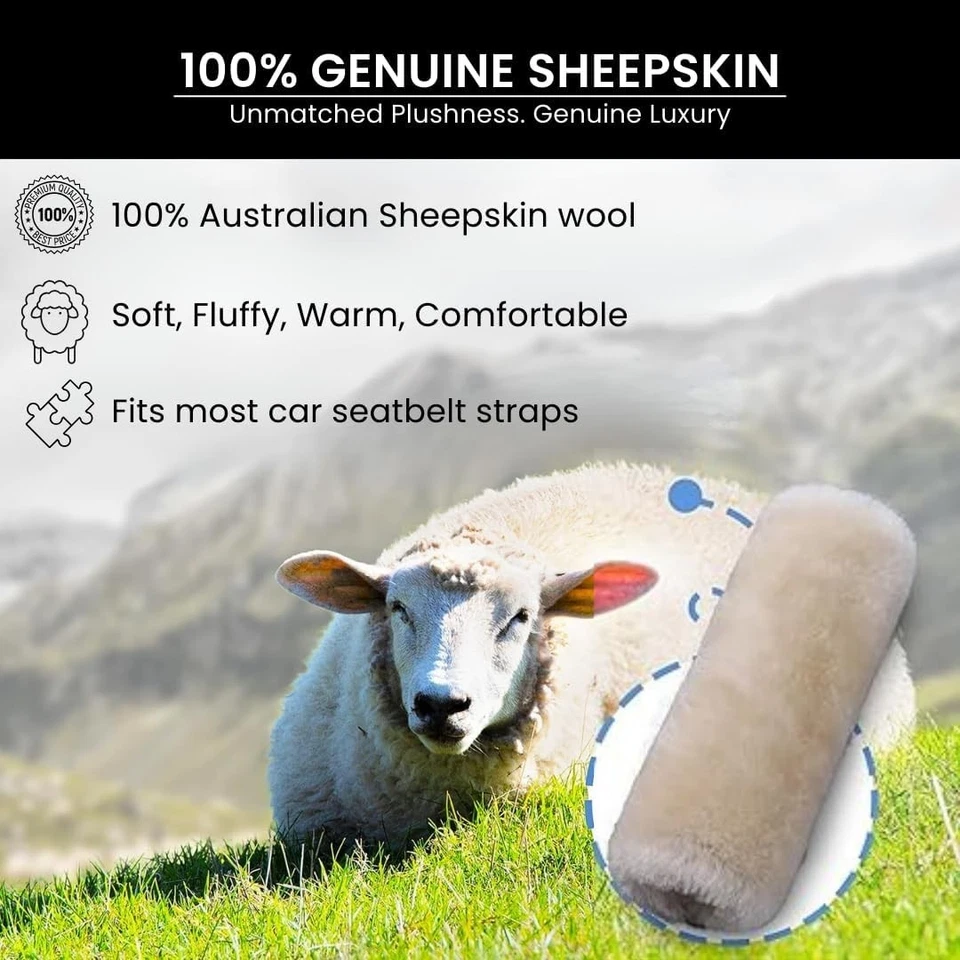 Paquete de 2 fundas de cinturón de seguridad de piel de oveja de lana merino genuina - almohadilla suave para el hombro, cuello... Foto 4 de 4