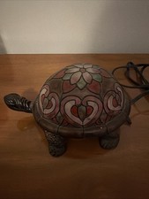Vintage Tiffany Style Turtle Accent Lamp Pink Heart Floral Stained Glass HY7051