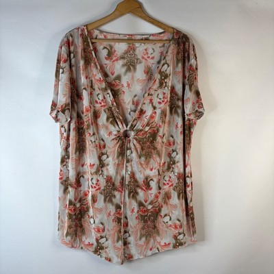 Passports Woman Blouse Womens 3X Coral Brown Floral Pleated O-Ring Split Front