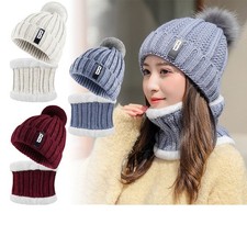Warm Women's Winter Beanie Hat w/ Scarf Set Stylish Knitting Warmer for Hiking