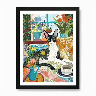 Tea Time With A Cornish Rex Cat 2 A gerahmtes Wandbild Poster Leinwanddruck Bild