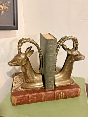 Vintage Solid Brass Ibex Ram Head Bookends Hollywood Regency Safari Pair
