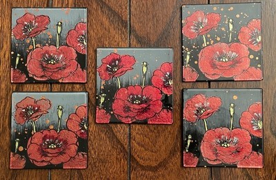 Mohn Design Keramik (Schiefer?) / Glas Tee Kaffee Matten / Untersetzer 5er Set (fünf)