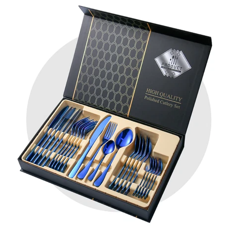 Cutlery Set 24pc Tableware Steak Knife Stainless Steel Dinner Gift Box Blue - Picture 1 of 5