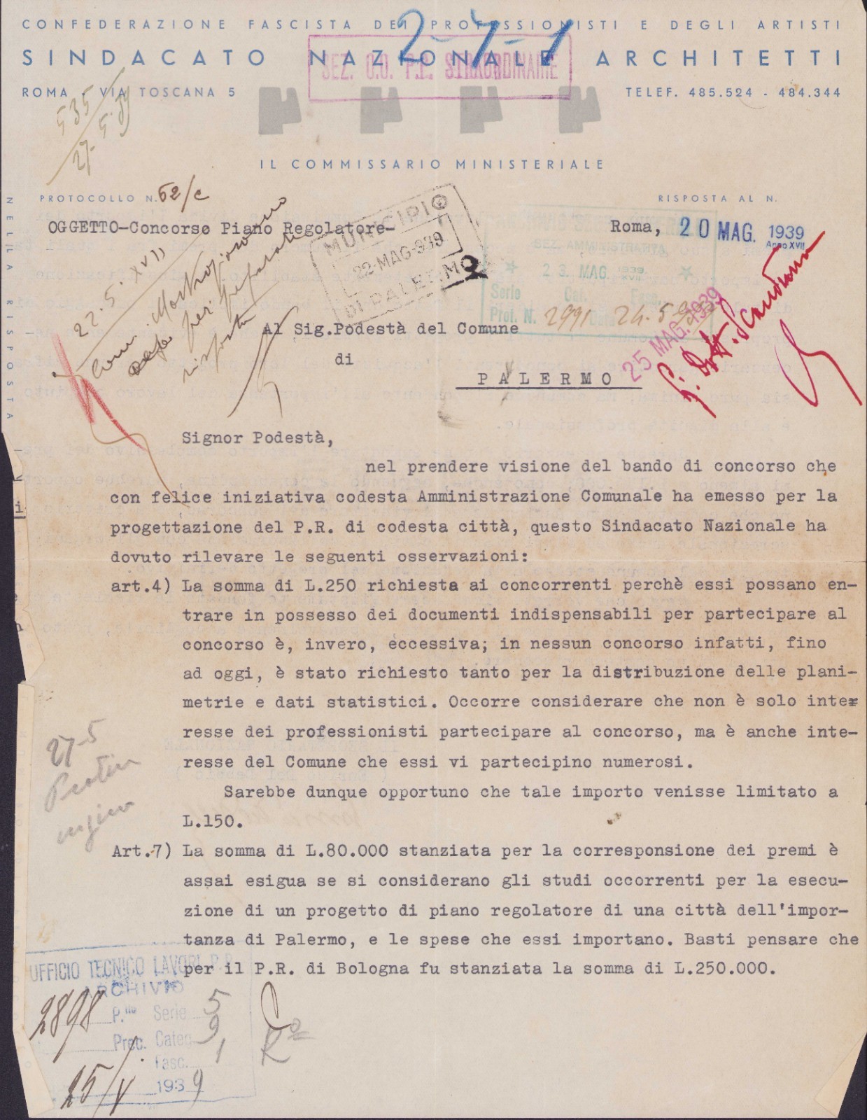 SINDACATO NAZIONALE FASCISTA ARCHITETTI 1939 lettera autografa ENRICO DEL DEBBIO