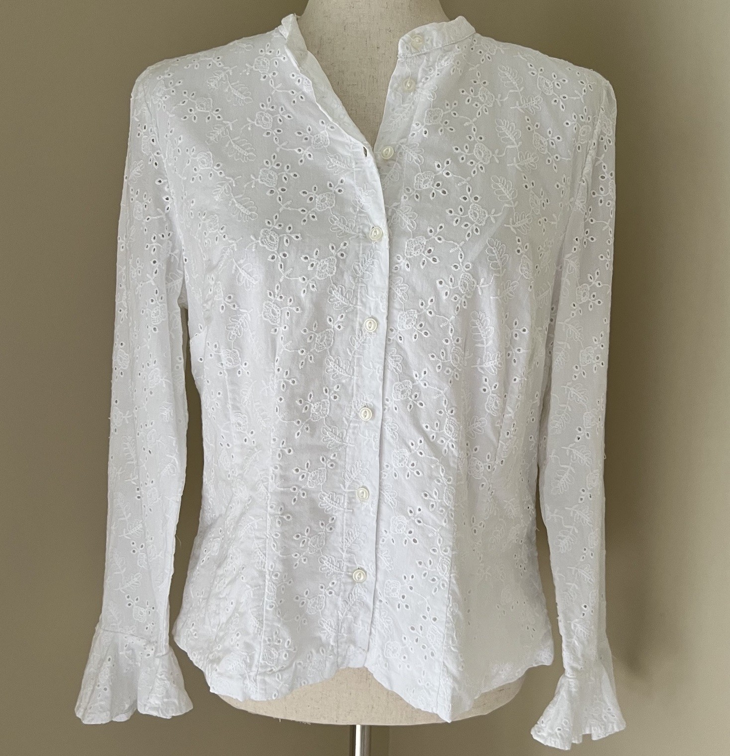 Ralph Lauren Womens Eyelet Lace Blouse Sz 14P White Cowgirl Feminine Romantic