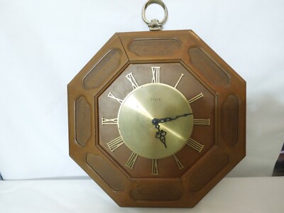 Vintage Elgin Quartz Wall Clock Octagon Wood Brass Mid-Centuty