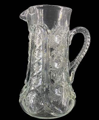 Antiq Mckee Glass 9.5  Tankard Pitcher Wiltec Pattern Cut Flower Star Arches EUC