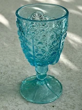 L G Wright Daisy & Button 6" Water Goblet Light Blue Pressed Design