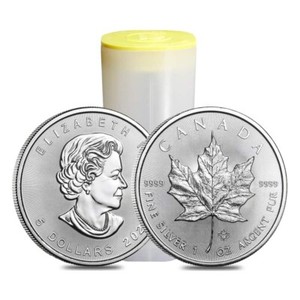 Roll of 25 - 2021 1 oz Canadian Silver Maple Leaf .9999 Fine $5 Coin BU (Lot,