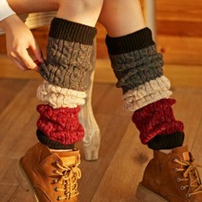 Lady Strip Leg Knit Crochet Long Socks Japanese Knee High Boot Cuffs Warm Soft