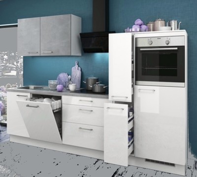 Einbauküche Torino 10 Weiß Hochglanz/Beton Küchenzeile 280cm/ Schränke montiert!