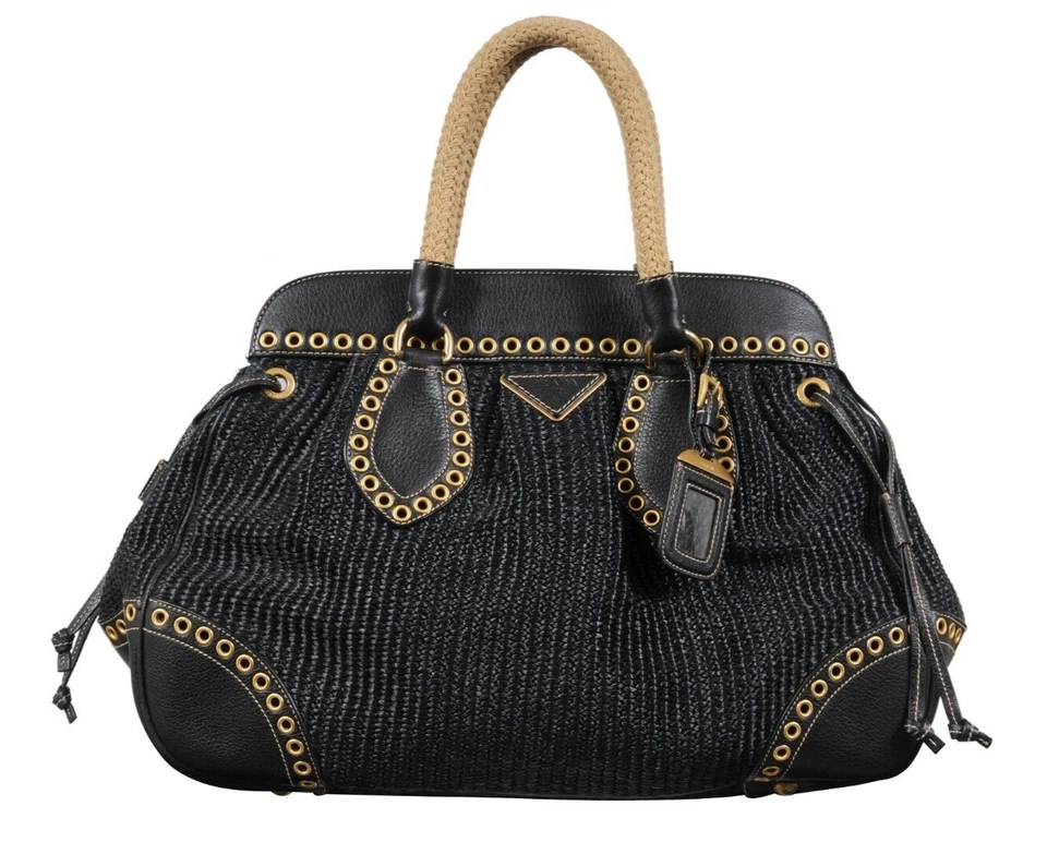 Prada Women Paglia Vitello Daino Frame Satchel Shoulder Bag Black Woven Raffia