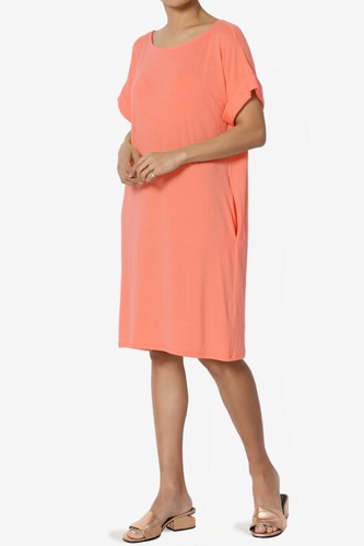 TheMogan S~3XL Rolled Short Sleeve Pocket Boxy Relaxed Jersey Midi T-Shirt Dress - Picture 45 of 187