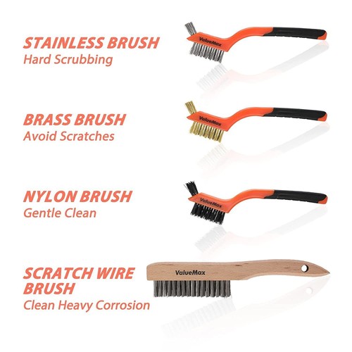 ValueMax Wire Brush Set 8Pcs Stainless Steel/Brass/Nylon Bristles w/Handle Grip - Picture 3 of 8