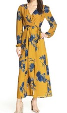  Chelsea 28 E5217 Floral Print Long Sleeve Faux Wrap Maxi Dress, Size Medium 