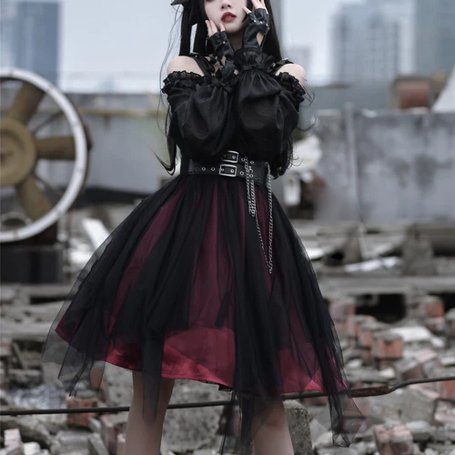 Abito donna gotico maglia con volant manica a sbuffo Lolita steampunk cosplay irregolare rosso - Foto 5 di 17