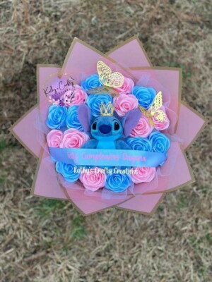 Eternal Rose Stitch Bouquet 18 Ct Blue & Pink Roses W Plush $135 Handmade By Me