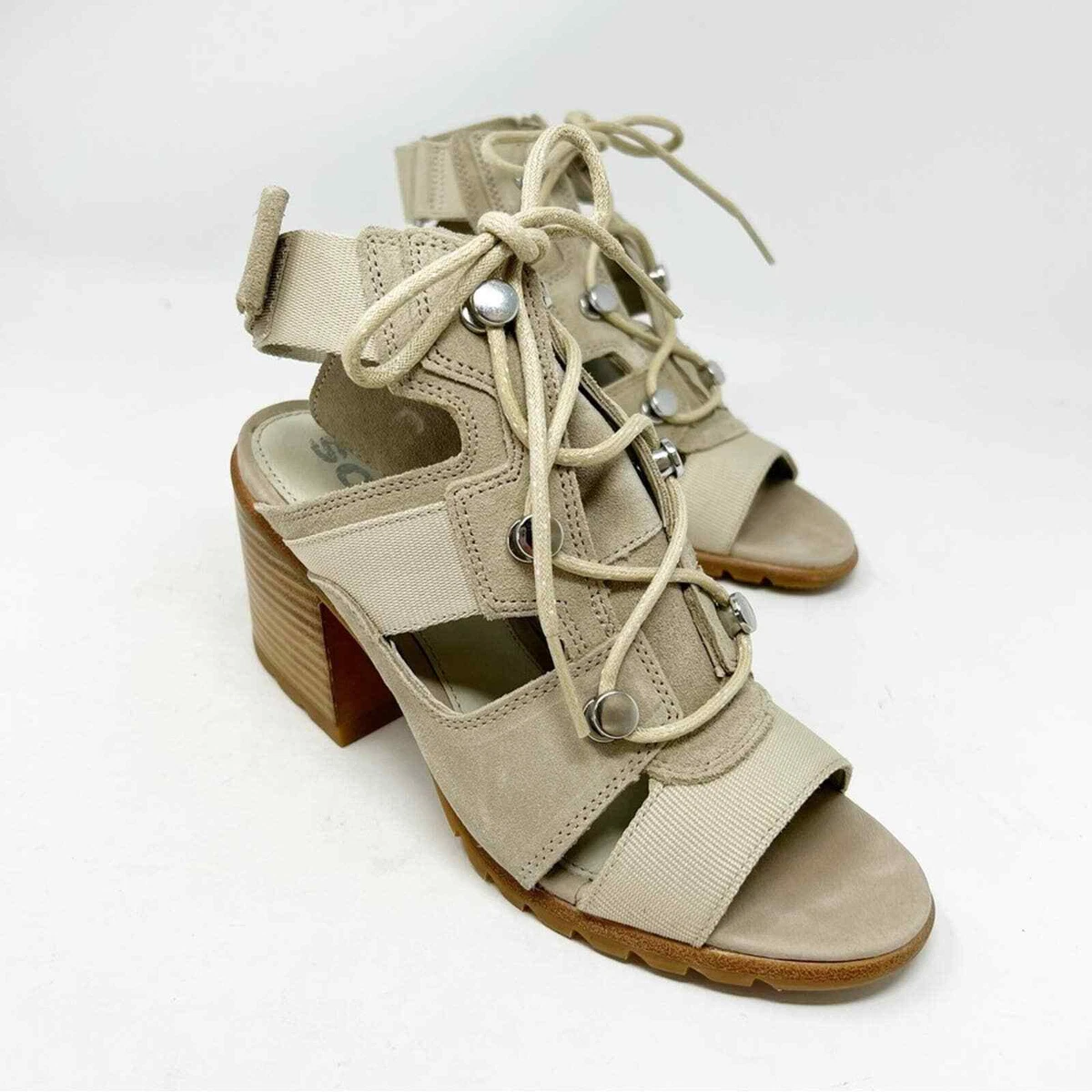 SOREL Nadia Lace Leather Suede Sandals Ancient Fog Neutral Block