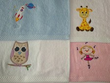 2 x Children's Face Cloths with Embroidered designs Owl, Rocket, Ballerina, etc.