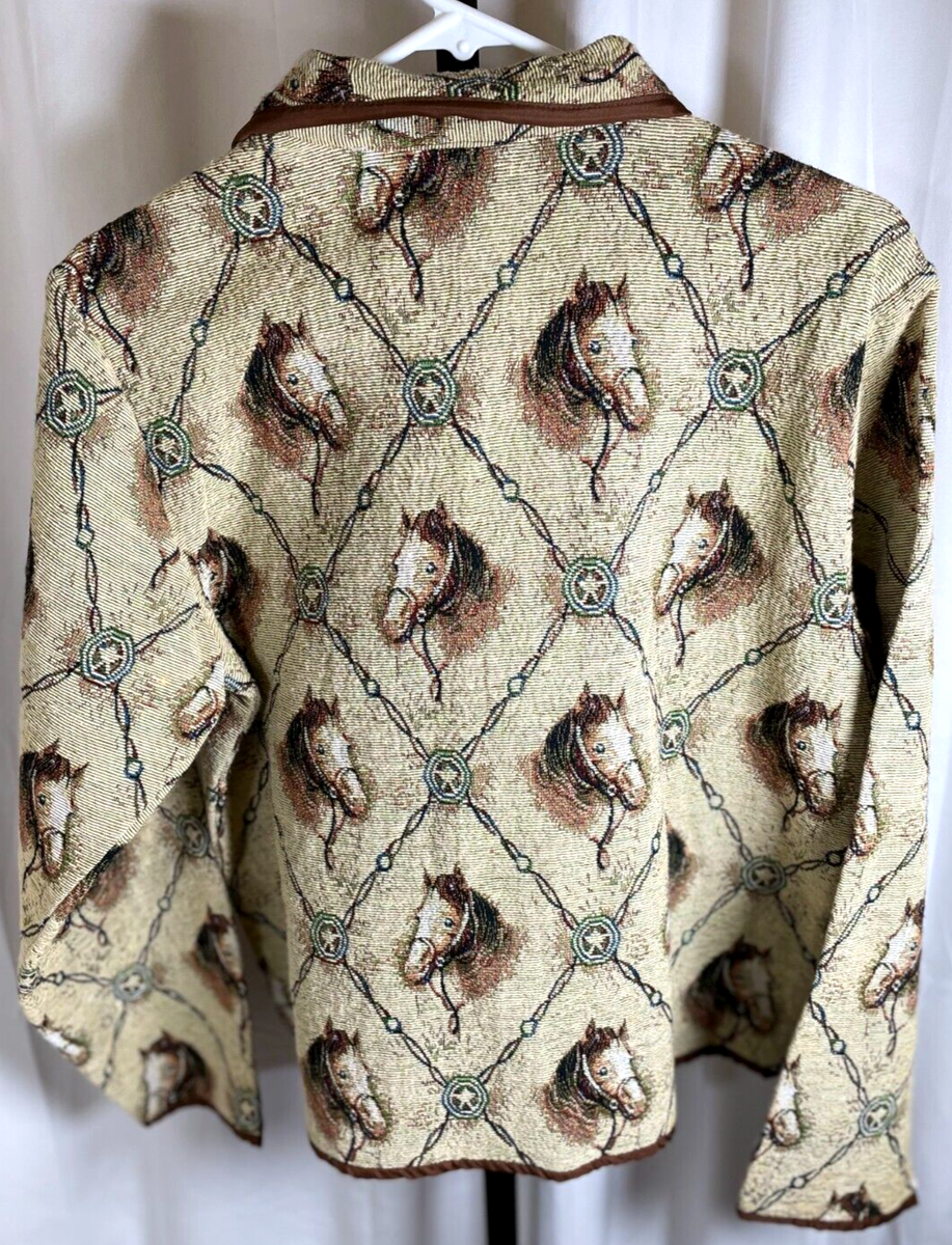 Sara Studio 1990s Horse Portrait Tapestry Cropped Jacket Womens Sz