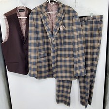 Dominique Wilkins Mens 3 Piece Plaid Suit Grey Tan Brown 50L W45L Super 120s