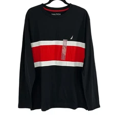 NEW Nautica Men's XL Black Red White Stripe Long Sleeve T Shirt NWT