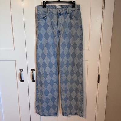 Bershka '90s Denim Diamond Argyle Print Wide Leg Women's Size 12 100% Cotton
