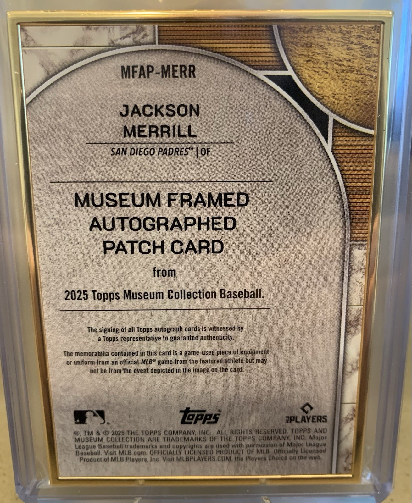 2025 Museum Jackson Merrill Game-Used Relic Museum Framed Auto Patch Card 10/10 view 2