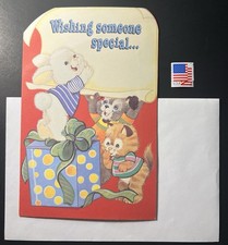 Vintage Pop-Up Birthday Card Cute Bunny Puppy Kitten 3D Clown in nox w/Env/Stamp