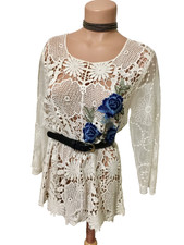 women's lace white cotton top/tunic sheer 3/4 sleeve M