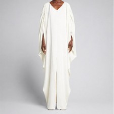 Oscar de la Renta L Ivory Ruched Shoulder Georgette Caftan Gown NWT Flowy Glam