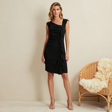 Evening Glam Knee Length Dress Black Jersey Sheath Sleeveless Ruffles US 6